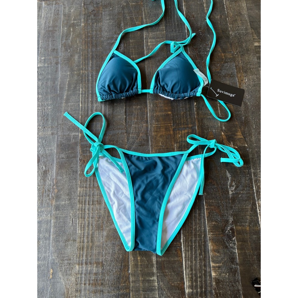 Suvimuga Womens Teal Turquoise Triangle Side Tie Bikini Set Two Piece  NEW